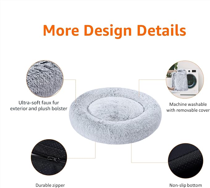 Grey Faux Fur Donut Pet Bed with Removable Cover – 45-Inch