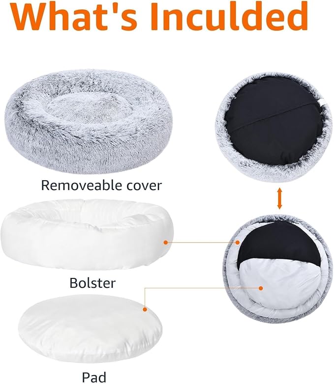 Grey Faux Fur Donut Pet Bed with Removable Cover – 45-Inch
