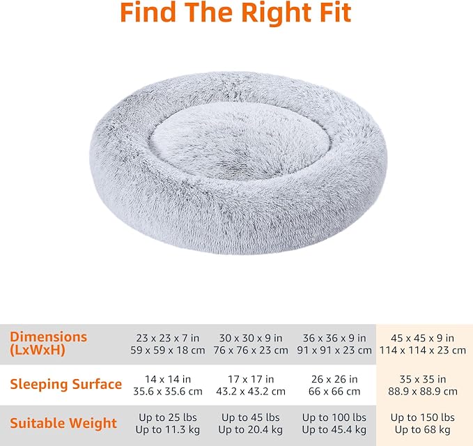 Grey Faux Fur Donut Pet Bed with Removable Cover – 45-Inch