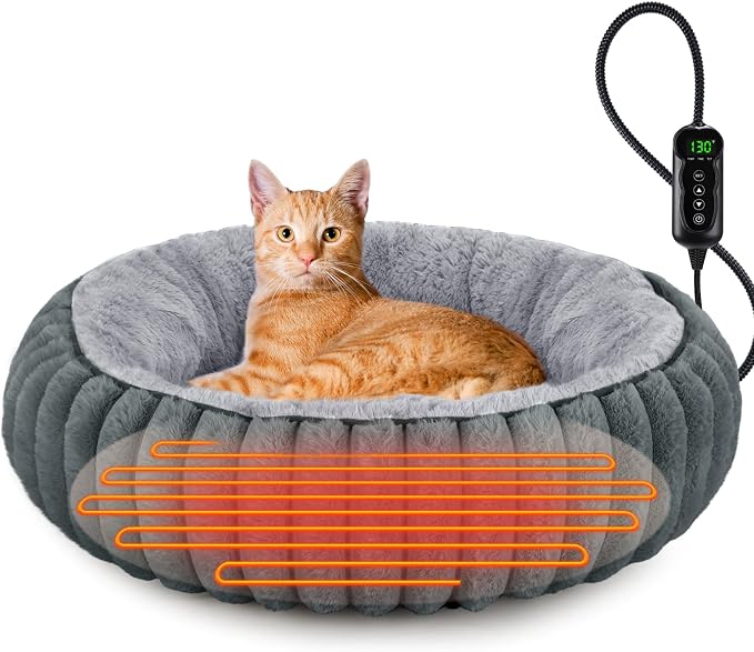 Adjustable Heated Donut Pet Bed for Cats and Small Dogs – 20 Inch