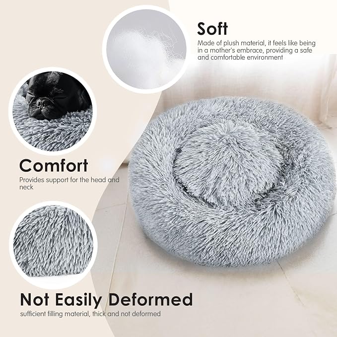 Cozy Round Plush Pet Bed for Cats and Small Dogs – Light Grey