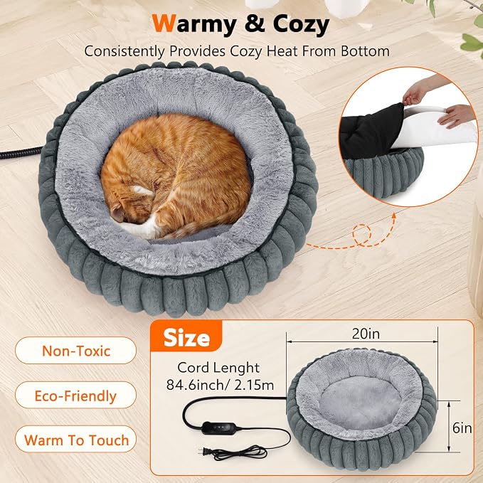 Adjustable Heated Donut Pet Bed for Cats and Small Dogs – 20 Inch