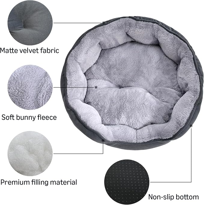 Grey Round Plush Pet Bed for Small Dogs and Indoor Cats – 20 Inch